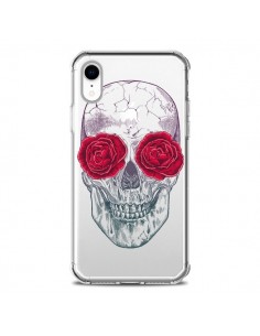 Coque iPhone XR Tête de Mort Rose Fleurs Transparente...