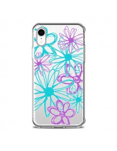 Coque iPhone XR Turquoise and Purple Flowers Fleurs...