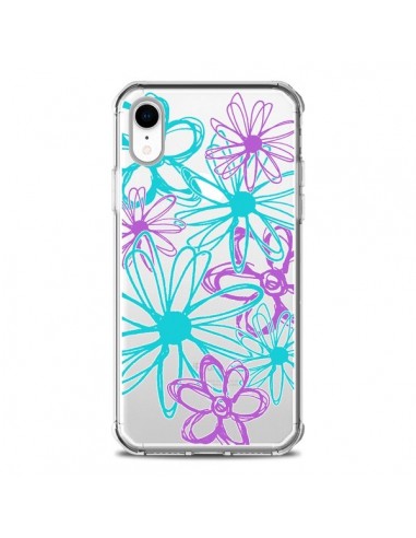 Coque iPhone XR Turquoise and Purple Flowers Fleurs Violettes Transparente souple - Sylvia Cook