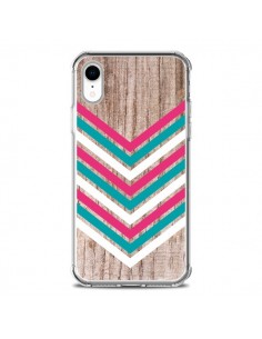 Coque iPhone XR Tribal Aztèque Bois Wood Flèche Rose Bleu...