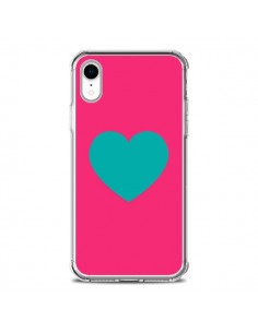 Coque iPhone XR Coeur Bleu Fond Rose - Laetitia
