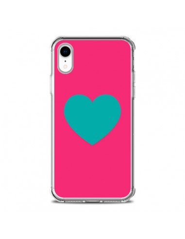 Coque iPhone XR Coeur Bleu Fond Rose - Laetitia