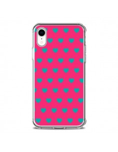 Coque iPhone XR Coeurs Bleus Fond Rose - Laetitia
