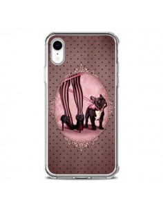 Coque iPhone XR Lady Jambes Chien Dog Rose Pois Noir -...