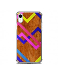 Coque iPhone XR Pink Yellow Wooden Bois Azteque Aztec...