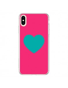 Coque iPhone XS Max Coeur Bleu Fond Rose - Laetitia