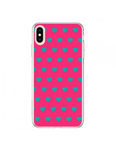 Coque iPhone XS Max Coeurs Bleus Fond Rose - Laetitia