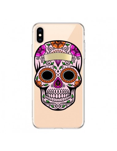Coque iPhone XS Max Tête de Mort Mexicaine Noir Rose Transparente souple - Laetitia