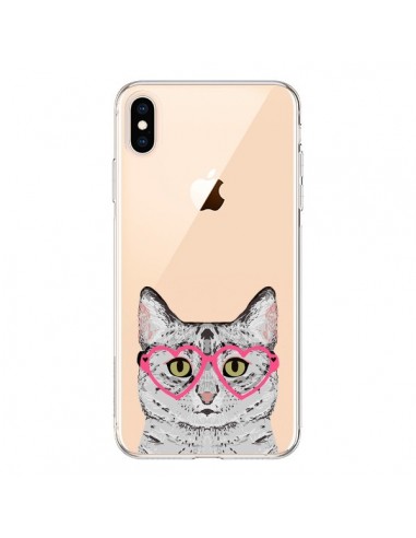 Coque iPhone XS Max Chat Gris Lunettes Coeurs Transparente souple - Pet Friendly