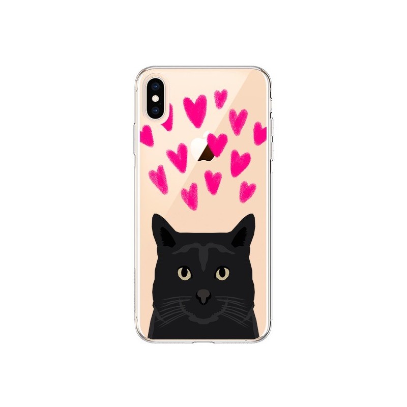 Coque iPhone XS Max Chat Noir Coeurs Transparente souple - Pet Friendly