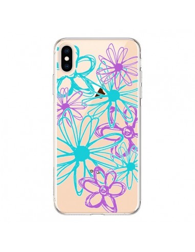 Coque iPhone XS Max Turquoise and Purple Flowers Fleurs Violettes Transparente souple - Sylvia Cook