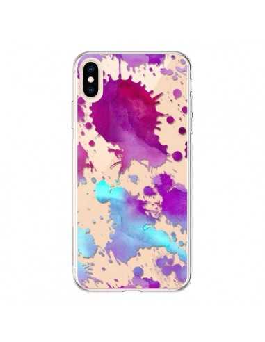 Coque iPhone XS Max Watercolor Splash Taches Bleu Violet Transparente souple - Sylvia Cook