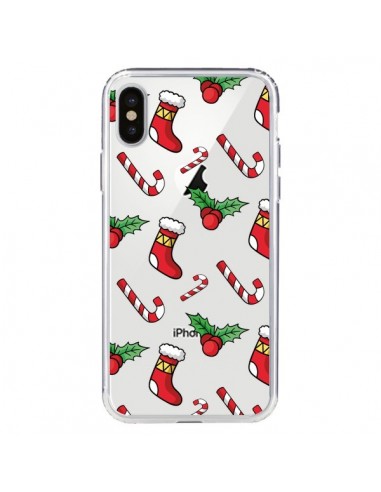 Coque iPhone X et XS Chaussette Sucre d'Orge Houx de Noël transparente - Nico