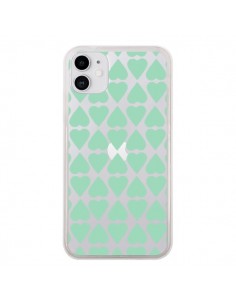 Coque iPhone 11 Coeurs Heart Mint Bleu Vert Transparente...