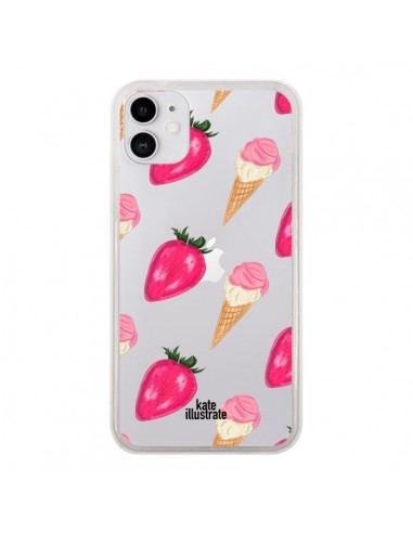 Coque iPhone 11 Strawberry Ice Cream Fraise Glace Transparente - kateillustrate