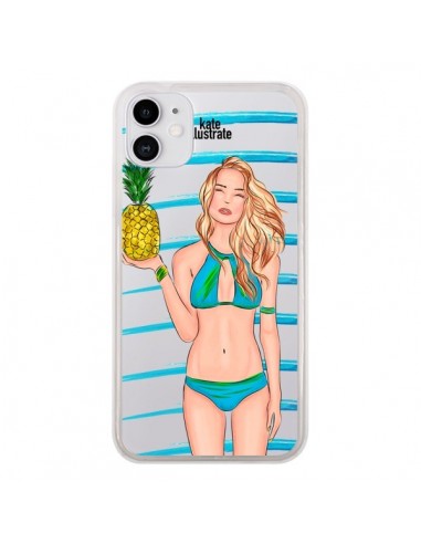 Coque iPhone 11 Malibu Ananas Plage Ete Bleu Transparente - kateillustrate