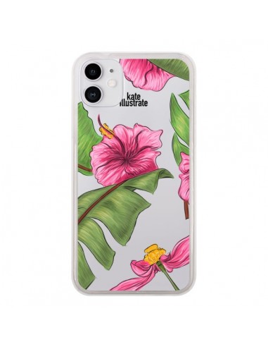 Coque iPhone 11 Tropical Leaves Fleurs Feuilles Transparente - kateillustrate