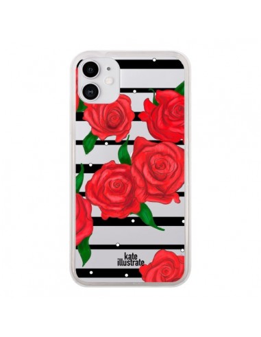 Coque iPhone 11 Red Roses Rouge Fleurs Flowers Transparente - kateillustrate
