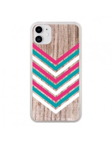 Coque iPhone 11 Tribal Aztèque Bois Wood Flèche Rose Bleu - Laetitia