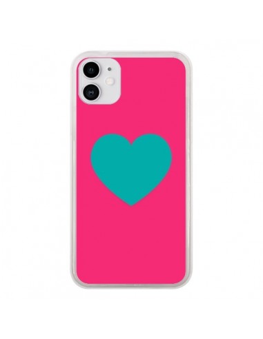 Coque iPhone 11 Coeur Bleu Fond Rose - Laetitia