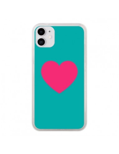 Coque iPhone 11 Coeur Rose Fond Bleu  - Laetitia