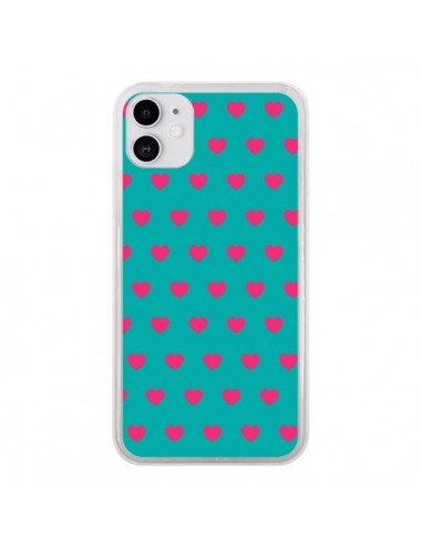 Coque iPhone 11 Coeurs Roses Fond Bleu - Laetitia