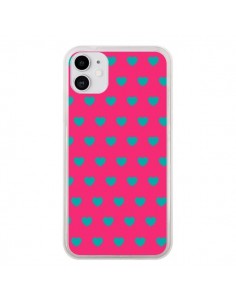 Coque iPhone 11 Coeurs Bleus Fond Rose - Laetitia