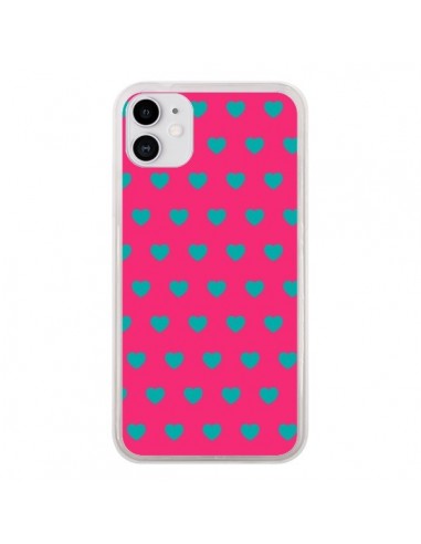 Coque iPhone 11 Coeurs Bleus Fond Rose - Laetitia