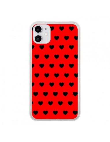 Coque iPhone 11 Coeurs Noirs Fond Rouge - Laetitia