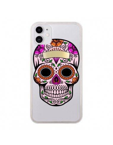 Coque iPhone 11 Tête de Mort Mexicaine Noir Rose Transparente - Laetitia