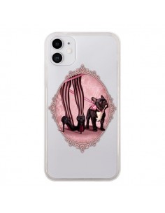 Coque iPhone 11 Lady Jambes Chien Bulldog Dog Rose Pois...