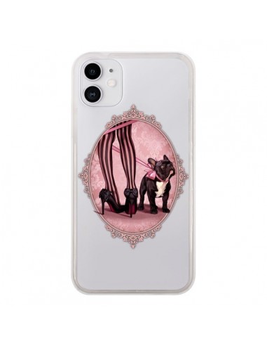 Coque iPhone 11 Lady Jambes Chien Bulldog Dog Rose Pois Noir Transparente - Maryline Cazenave