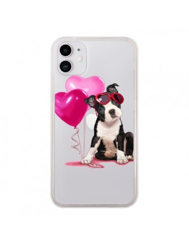 Coque iPhone 11 Chien Dog Ballon Lunettes Coeur Rose Transparente - Maryline Cazenave