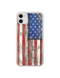 Coque iPhone 11 Drapeau USA Vintage Bois Wood -...