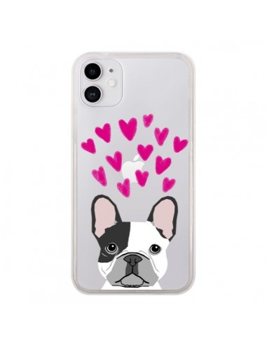 Coque iPhone 11 Bulldog Français Coeurs Chien Transparente - Pet Friendly