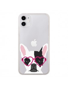 Coque iPhone 11 Bulldog Français Lunettes Coeurs Chien...