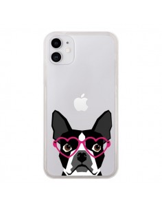 Coque iPhone 11 Boston Terrier Lunettes Coeurs Chien...