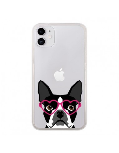 Coque iPhone 11 Boston Terrier Lunettes Coeurs Chien Transparente - Pet Friendly