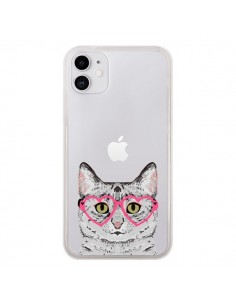 Coque iPhone 11 Chat Gris Lunettes Coeurs Transparente -...