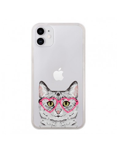 Coque iPhone 11 Chat Gris Lunettes Coeurs Transparente - Pet Friendly