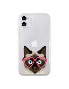 Coque iPhone 11 Chat Marron Lunettes Coeurs Transparente...