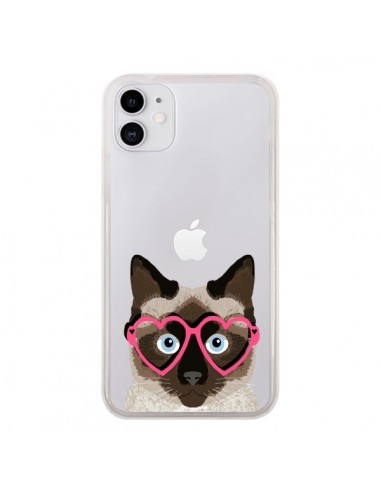 Coque iPhone 11 Chat Marron Lunettes Coeurs Transparente - Pet Friendly