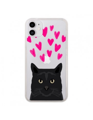 Coque iPhone 11 Chat Noir Coeurs Transparente - Pet Friendly
