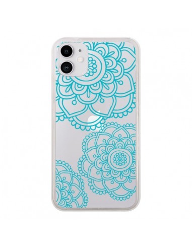 Coque iPhone 11 Mandala Bleu Aqua Doodle Flower Transparente - Sylvia Cook