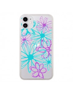 Coque iPhone 11 Turquoise and Purple Flowers Fleurs...
