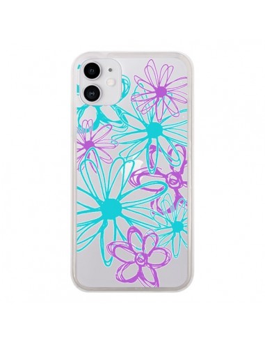 Coque iPhone 11 Turquoise and Purple Flowers Fleurs Violettes Transparente - Sylvia Cook