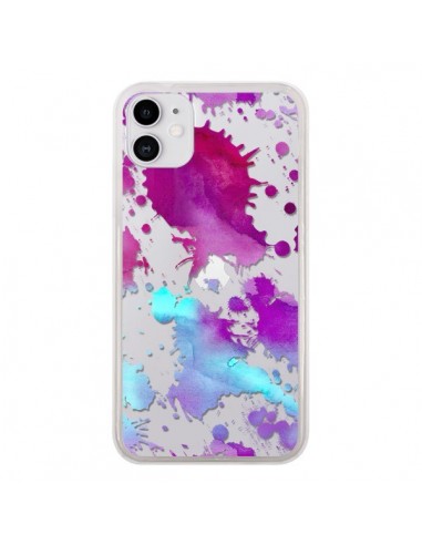 Coque iPhone 11 Watercolor Splash Taches Bleu Violet Transparente - Sylvia Cook