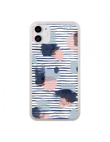 Coque iPhone 11 Watercolor Stains Stripes Navy - Ninola Design