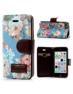 Etui Portefeuille en Jean à Fleurs pour iPhone 5C