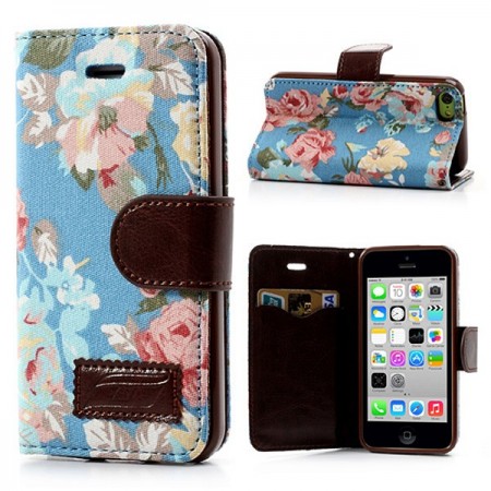 Etui Portefeuille en Jean à Fleurs pour iPhone 5C Etui Portefeuille en Jean à Fleurs pour iPhone 5C